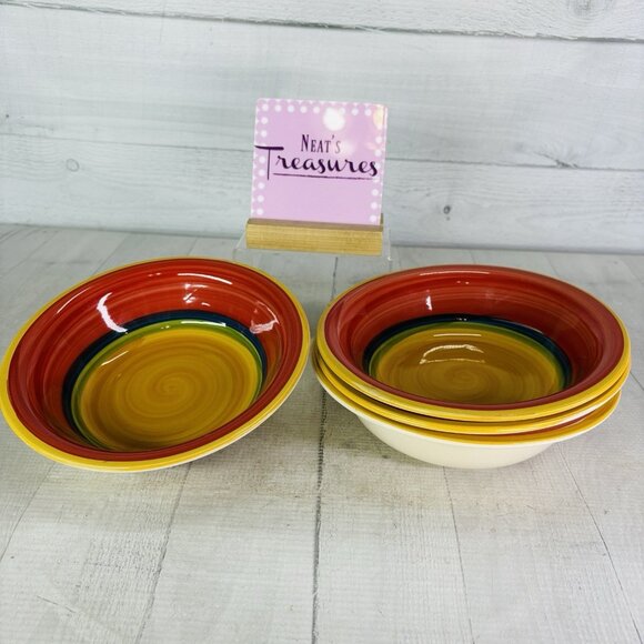 Royal Norfolk MAMBO Greenbrier Yellow Center Rings Stoneware Soup Bowls Set of 4